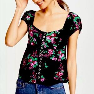 Free People Floral Black Top